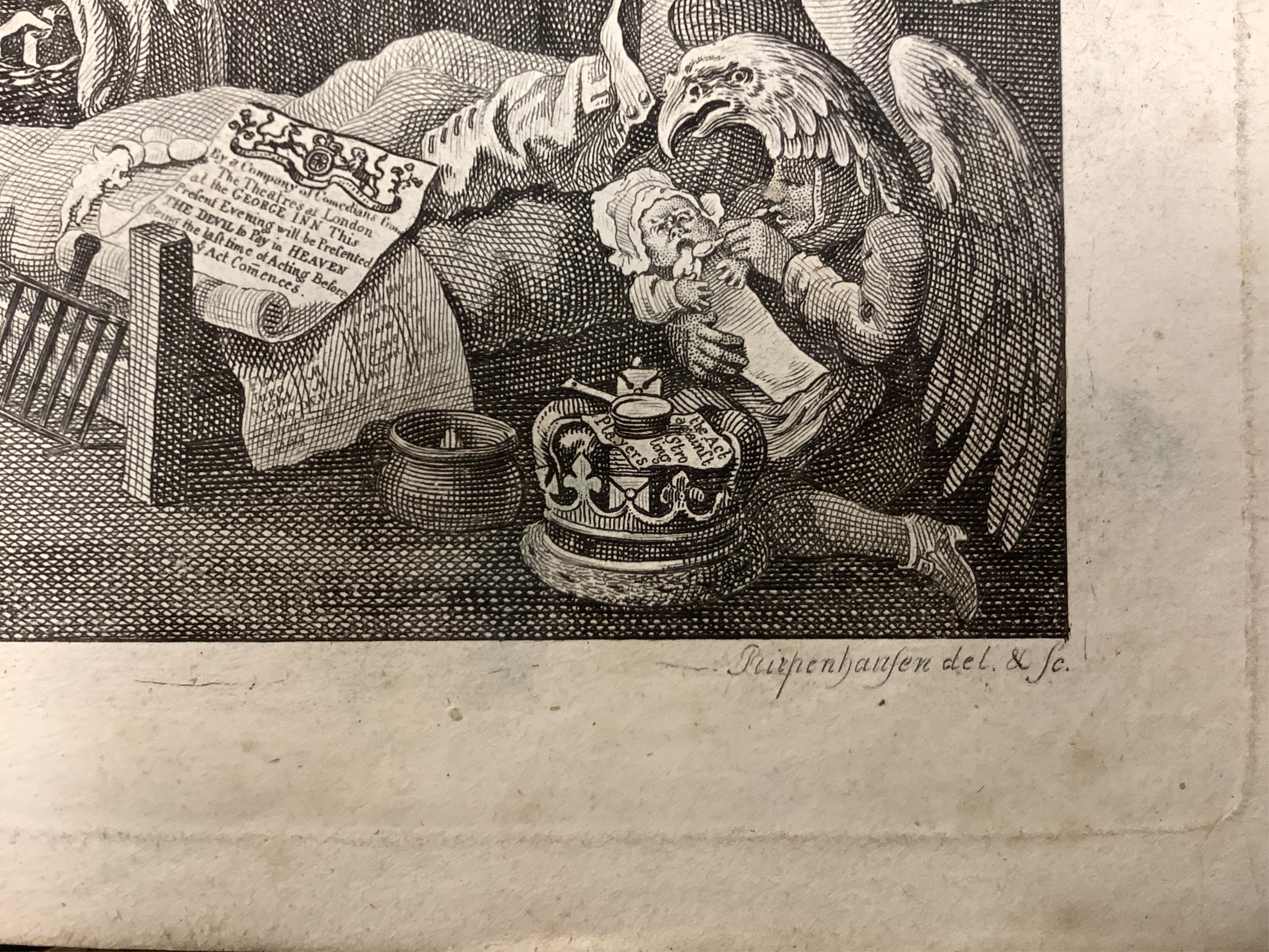 An album of 18th century and later etchings after William Hogarth (1697-1764), to include 'The Reward of Cruelty', 'Strolling Actresses Dressing in a Barn' and 'The Company of Undertakers', with handwritten ink itinerary